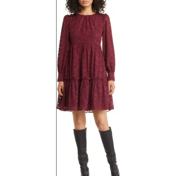 Eliza J Womens Burgundy Burnout Floral Long Sleeve Tiered Mini Dress Size 2 NWT - Picture 1 of 9